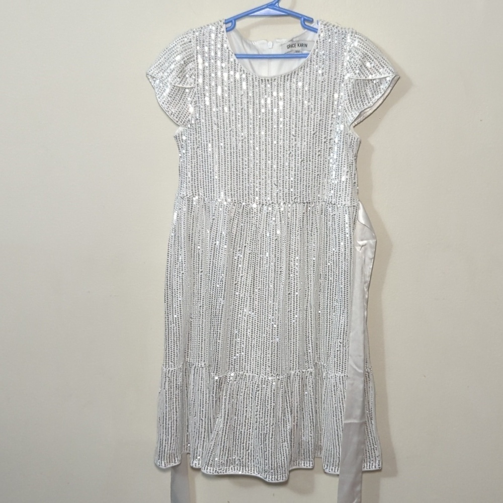Grace Karin Sparkling Silver Sequin Tiered Dress Girls Size 10